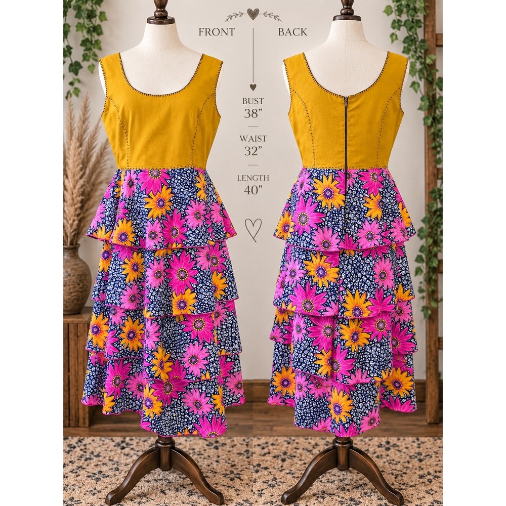 Marvin Designs Ghana Hand Tailored Tiered Floral Midi Dress Yellow Pink 38 Bust